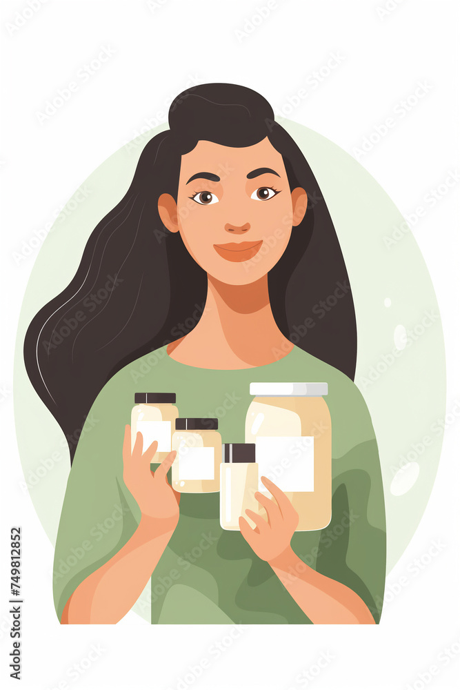 Illustration of a young woman holding a bottle of lotion. Choose natural cosmetics concept. eco vegan creams, lotions. skincare cosmetics bottles Illustration of a young woman holding a bottle of lotion. Choose natural cosmetics concept. eco vegan creams, lotions. skincare cosmetics bottles