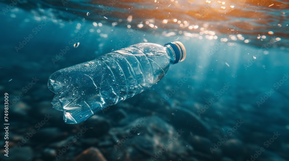 plastic bottle floating underwater and sunlight penetrates the surface ...