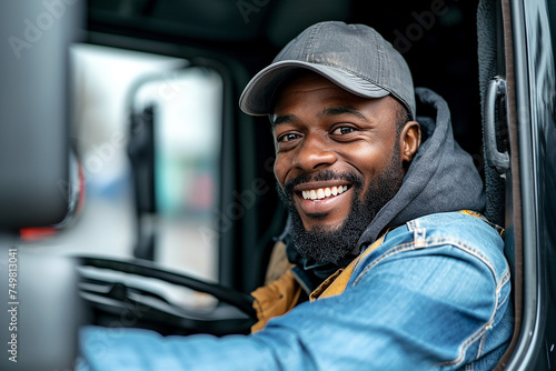Smiling truck driver. Happy black professional driver looking at camera. People and delivery transportation concept. Generative AI