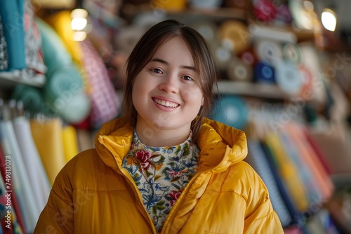 Cheerful Woman Smiling at a Fabric Shop photo