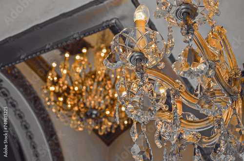 Oppulent interior design architecture with chandeliers, glass dome ceilings, glitz glamour decorations inside Casino resort in Las Vegas, Nevada party gambling destination for Millionaires