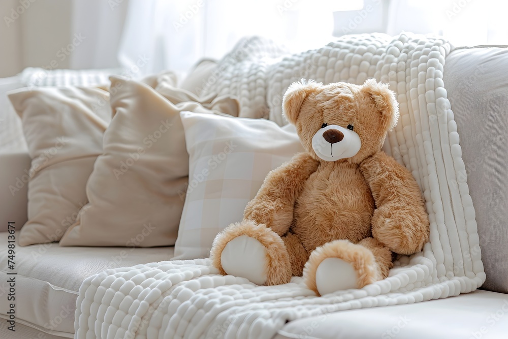 Cuddly Teddy Bear on White Couch