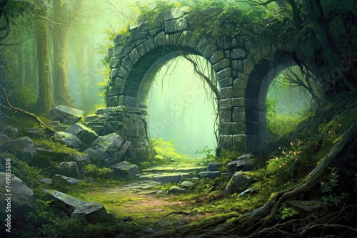 Fantasy landscape illustration of old ruins in forest with arches and passages through the buildings and foliage