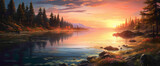 Enchanting gradient sunset casting warm light over a serene lake, creating the cutest and most beautiful waterside scene.