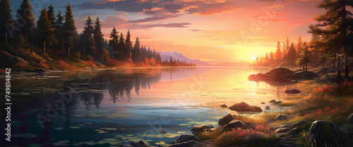 Enchanting gradient sunset casting warm light over a serene lake  creating the cutest and most beautiful waterside scene.