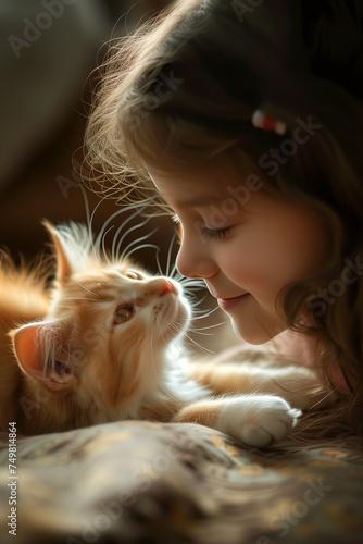 Close-up of a cozy moment between a little girl and a cute kitten
