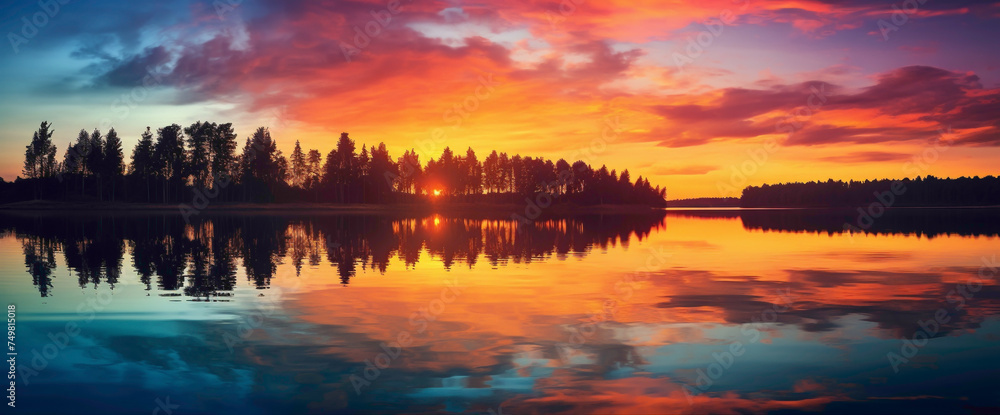 Enchanting gradient sunset casting warm light over a serene lake, creating the cutest and most beautiful waterside scene.