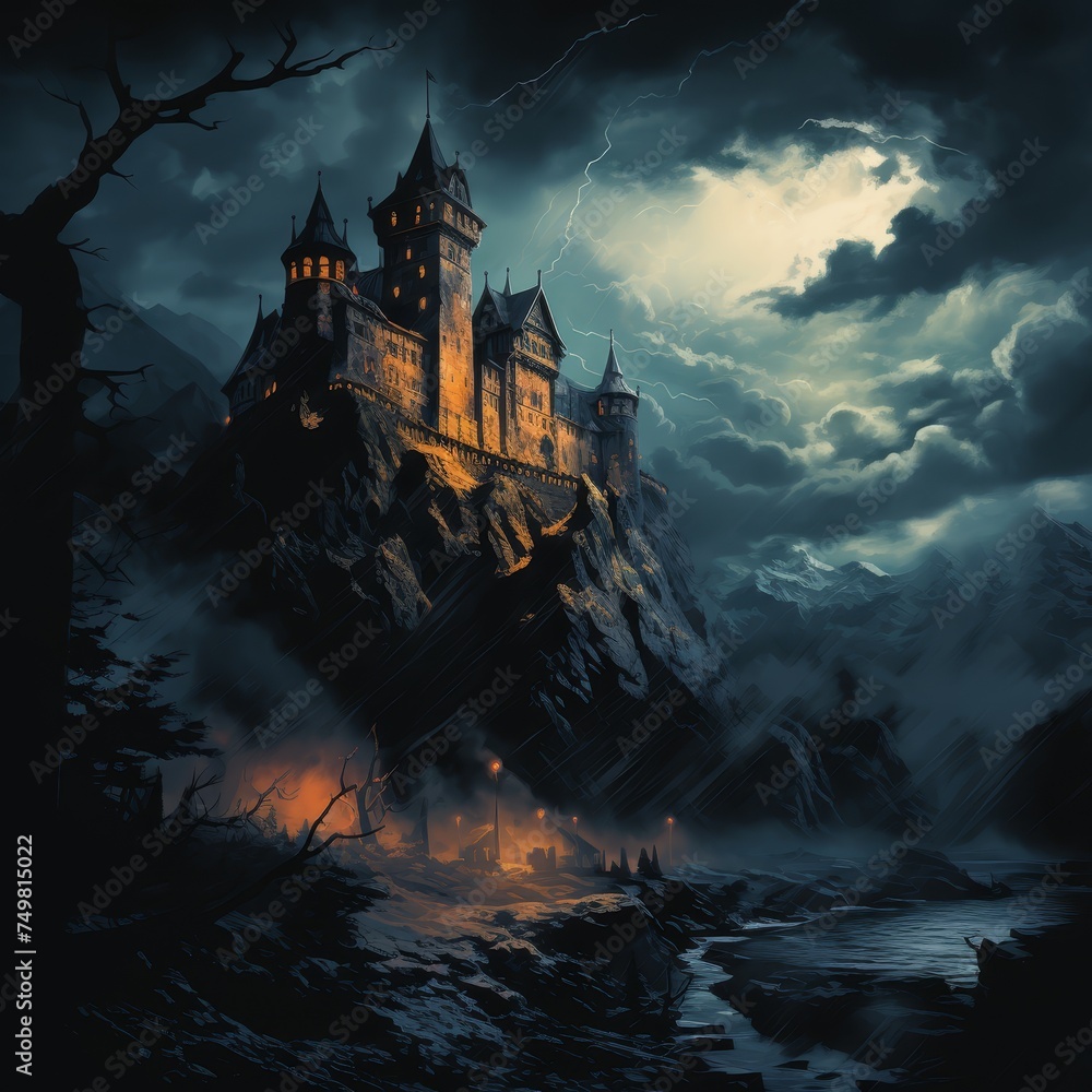 Against a stormy sky ablaze with lightning, an eerie dark castle perches atop a cliff, its ancient walls silhouetted against the tumultuous backdrop, evoking an atmosphere of mystery and foreboding.