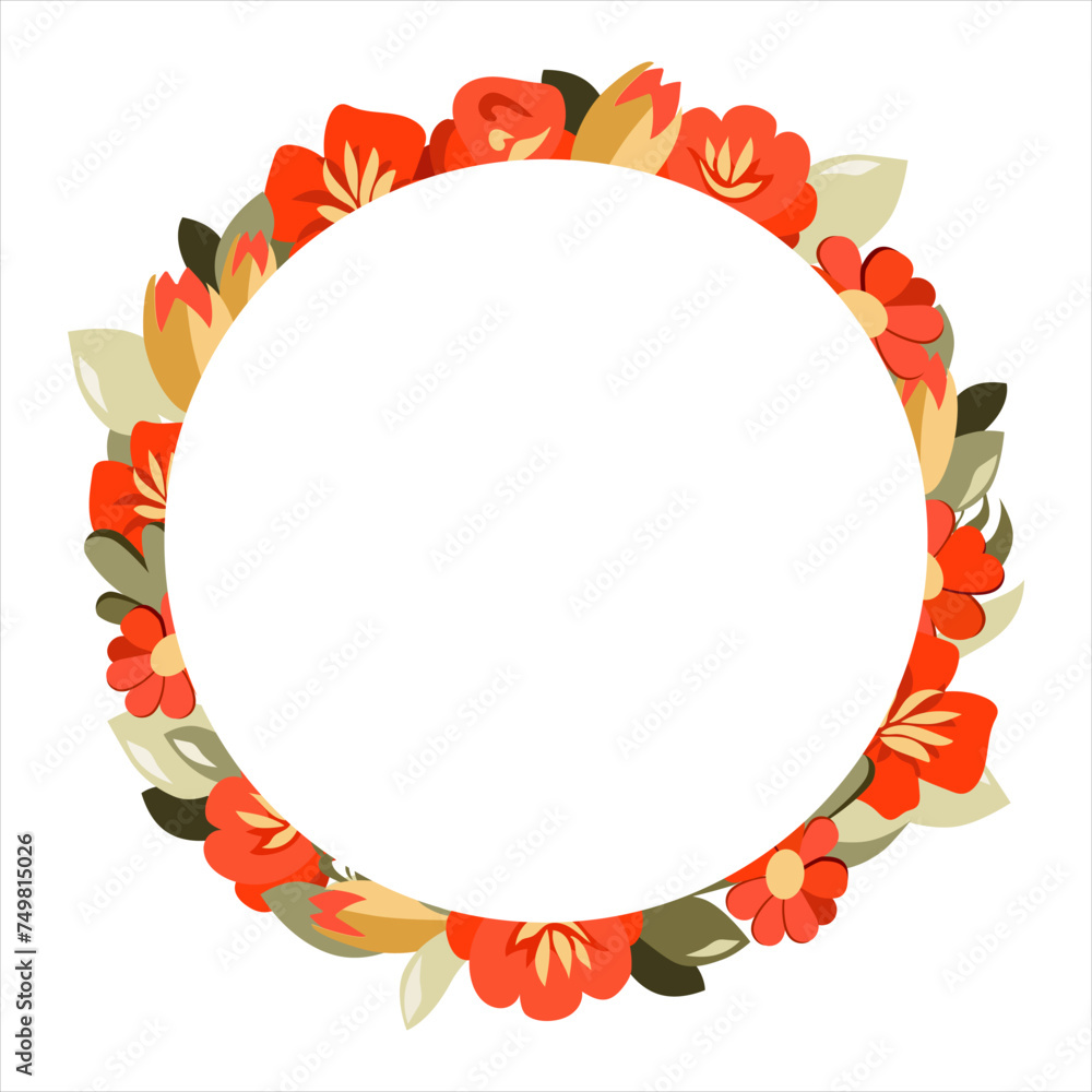 Vector round frame of hand drawn flowers for words. Isolated red orange vignette for flat design Vector round frame of hand drawn flowers for words. Isolated red orange vignette for flat design
