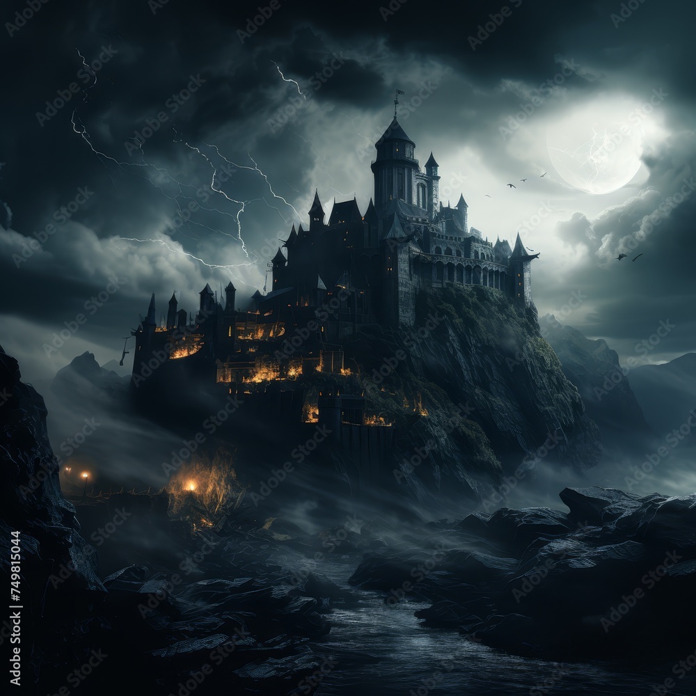 Silhouetted against a sky rent by lightning, an ominous dark castle looms on a cliff's edge, its ancient walls standing as silent witnesses to the raging storm
