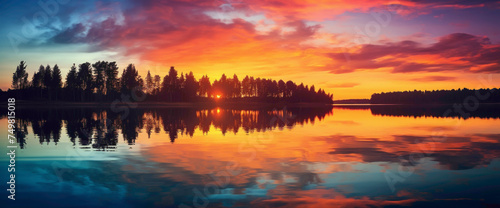 Enchanting gradient sunset casting warm light over a serene lake  creating the cutest and most beautiful waterside scene.
