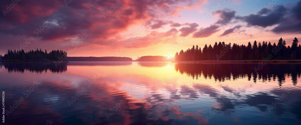 Enchanting gradient sunset over a serene lake, casting the cutest and most beautiful reflections on the water. - obrazy, fototapety, plakaty 