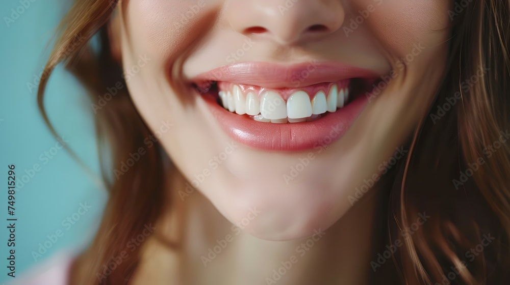 Fototapeta premium Close-up of a gleaming smile on a joyful face, perfect for dental care ads. happy, healthy lifestyle representation. AI