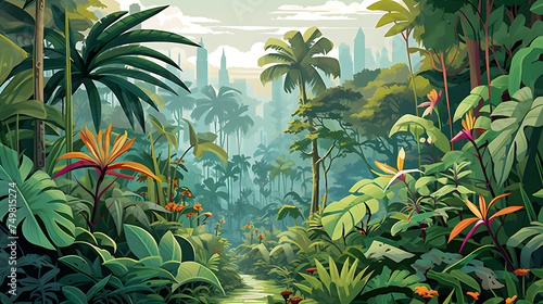 A vector graphic of a tropical botanical garden.