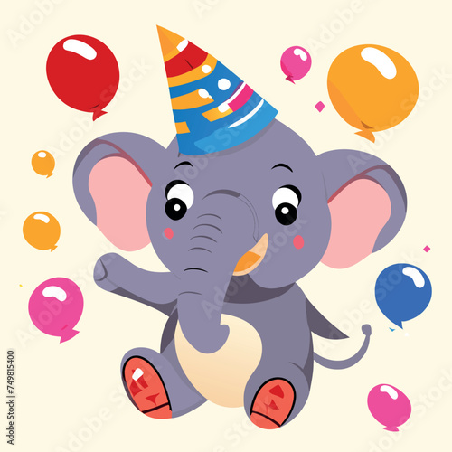 elephant in fun parade with confetti and balloons to celebrate great achievements,white background, vector illustration kawaii