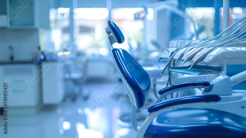 Modern dental clinic interior with advanced equipment. blue toned dental chair focus. professional healthcare setting. AI © Irina Ukrainets