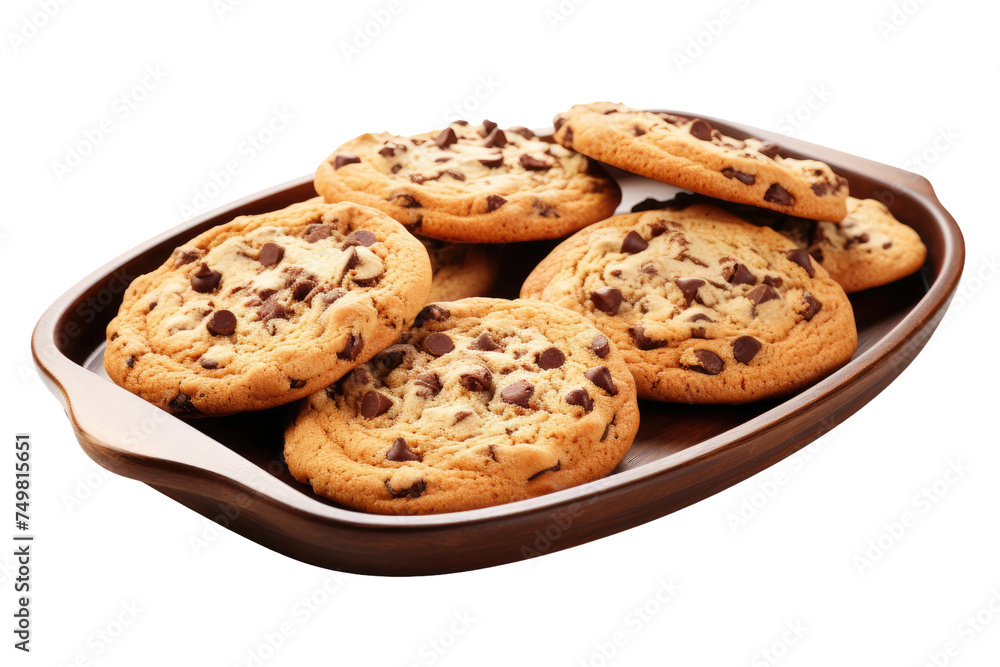 Tray of Chocolate Chip Cookies. The cookies are golden brown with melty chocolate chips scattered throughout inviting indulgence. on White or PNG Transparent Background.