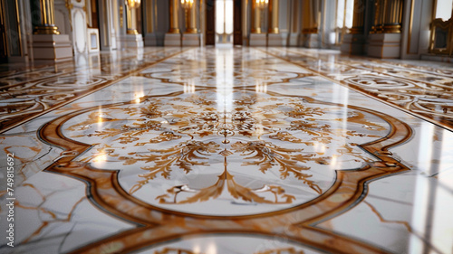 A detailed UHD capture of a luxury floor design with marble tiles in a classic Versailles pattern, featuring intricate detailing and rich color variations.