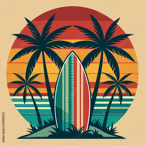 Create a retro-inspired design featuring vintage surfboards and palm trees