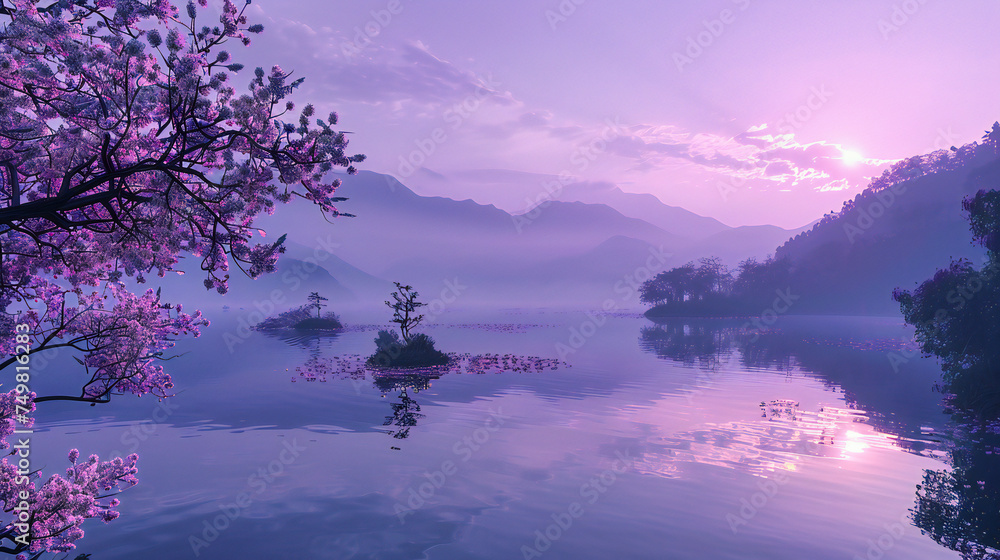 Mountain Lake Sunset: Serene Nature Landscape with Reflections in Water