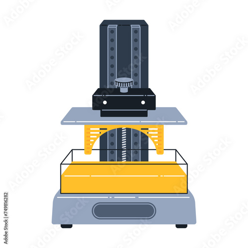 3D photopolymer printing. Stereolithography, SLA technology concept. Device produced object from liquid polymer. Isolated vector flat illustration.