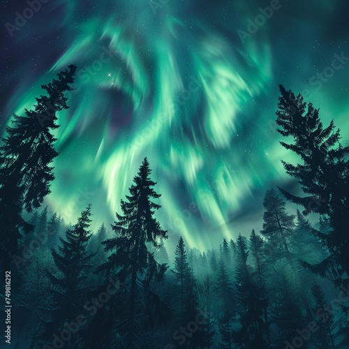 Aurora borealis over a tranquil pine forest ethereal green lights dancing