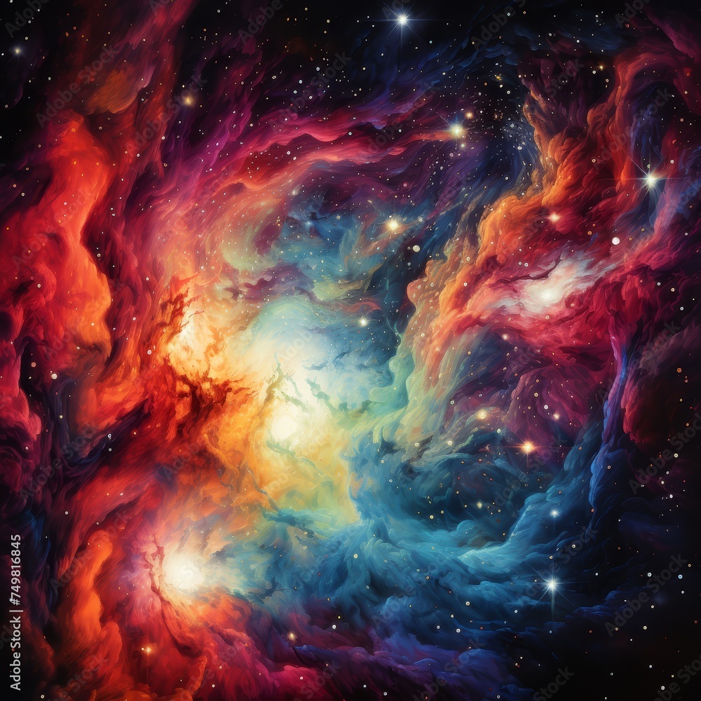 Journey into the depths of the cosmos with vibrant cosmic artwork depicting a dazzling nebula exploding with colors, while stars weave intricate patterns that illuminate the vast expanse of space.