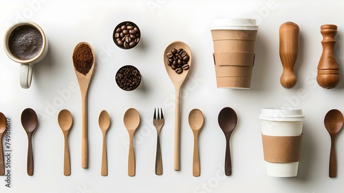 Flat lay of coffee essentials with wooden spoons and disposable cups. minimalistic, for food bloggers and cafes. perfect for social media posts. AI photo