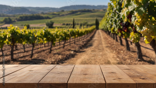 An empty wooden table for product display. blurred french vineyard