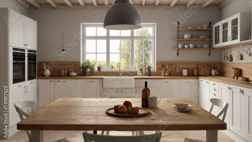 Empty white wooden table in beautiful kitchen.