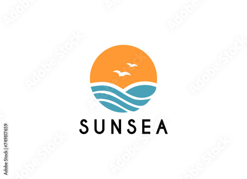 Summer beach coast island logo, sunset island nature logo design