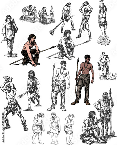 Cavemans set. Sketch hand drawing. Vector