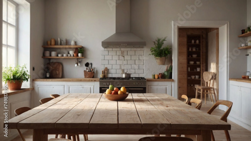 Empty white wooden table in beautiful kitchen.