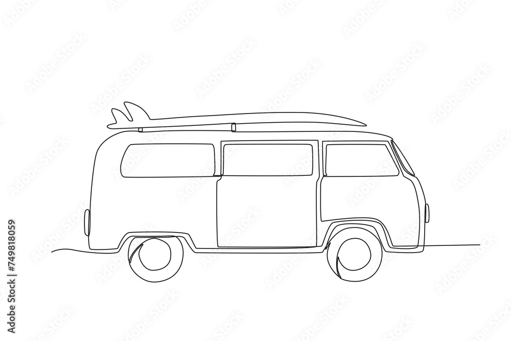 Single continuous line drawing of Car with surfboard on roof, road trip concept
