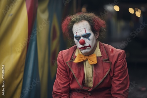 Sad clown exhausted circus jester joker emotions unhappy depressed performer. Carnival man sadness depression melancholic face expression make-up worried person costume dressed actor backstage circus