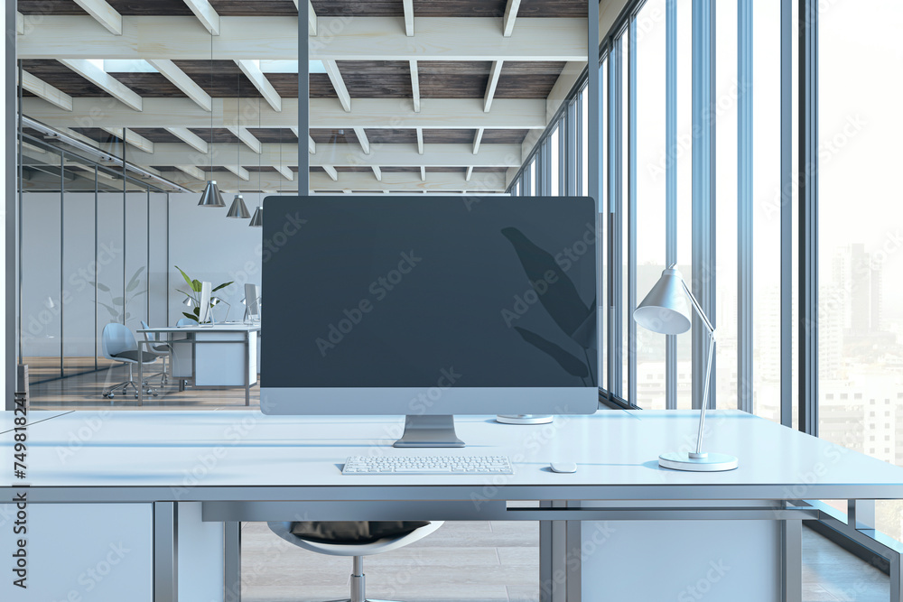 Modern warehouse coworking office interior with empty mock up computer monitor, glass, furniture and daylight. 3D Rendering. Modern warehouse coworking office interior with empty mock up computer monitor, glass, furniture and daylight. 3D Rendering.
