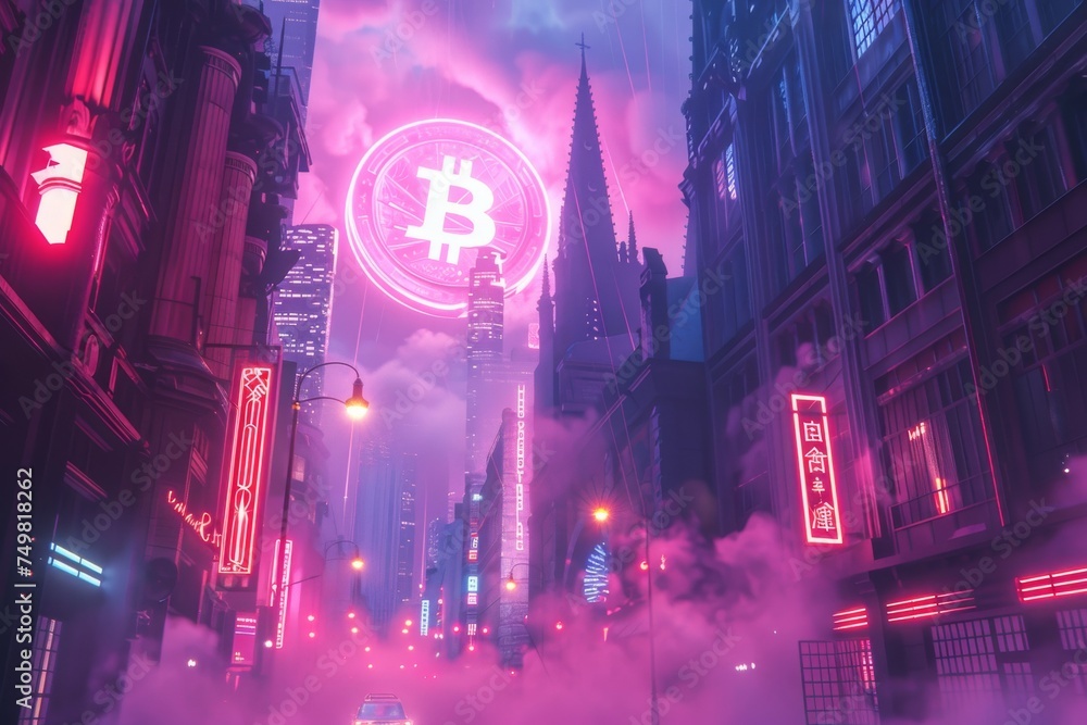 Bitcoin adventure in neon sci-fi world, angelic guidance through cyber cities, retro-future exploration