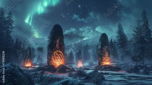 Ancient rune stones glowing under a cosmic aurora, mystical symbols, forest backdrop photo