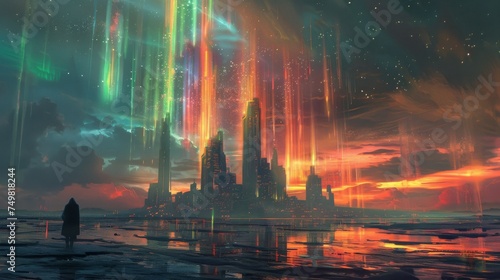 Auroras over serene futuristic cities, vibrant juice of life, retro-sci-fi utopia, peaceful exploration