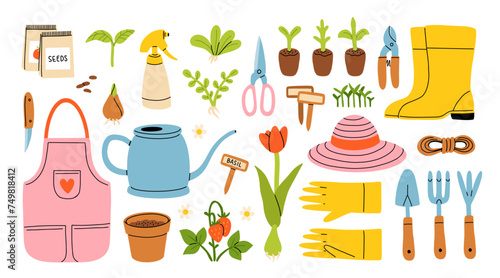 Set of gardening items in hand drawn cartoon style. Various agricultural and garden tools for spring work. Growing plants, flowers and herbs, seedling. Vector clip art illustration.