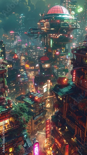 Dystopian city with underground greenhouses, rebel gardeners, neon fruits and vegetables