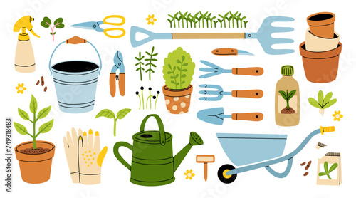Set of gardening items in hand drawn cartoon style. Various agricultural and garden tools for spring work. Growing plants, flowers and herbs, seedling. Vector clip art illustration.