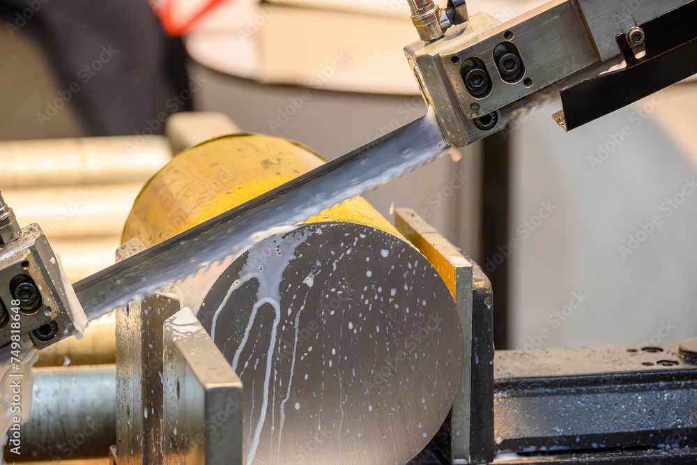The band saw cutting machine cut the metal shaft parts with liquid coolant method. The band saw cutting machine cut the metal shaft parts with liquid coolant method.