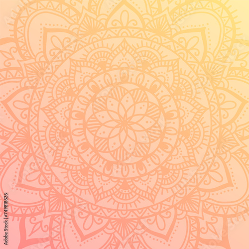 Round mandala on dreamy peach fuzz gradient background. Translucent mesh pattern in the form of a mandala. Mandala with floral patterns. Pastel Yoga template.