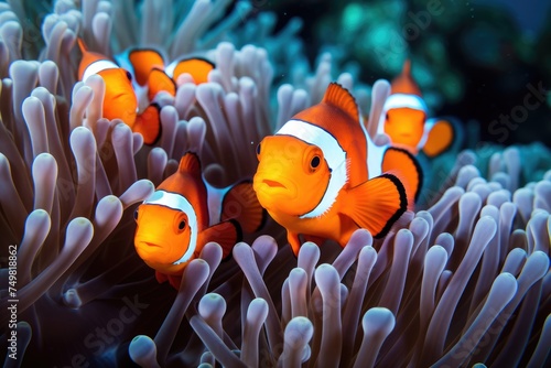 A school of clownfish in a colorful coral reef. cute anemone fish playing on the coral reef, just like in Finding Nemo Ai generated