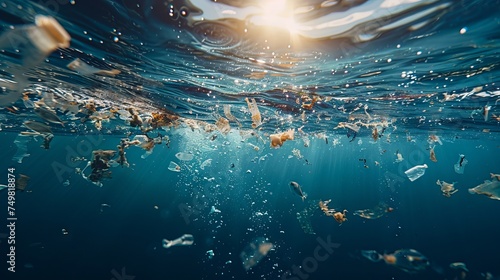 Ocean plastic pollution, Plastic garbage bottles under the sea. Plastic bottles floating in the ocean. An image of trash plastic bottles drifting in the ocean.