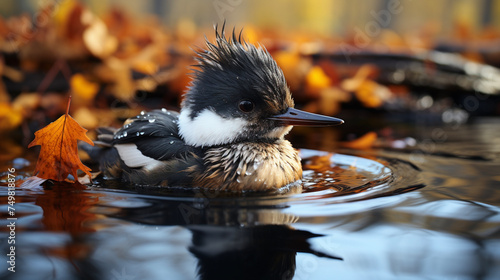 Common Merganser Duck Swimming Among Autumn Leaves Wildlife