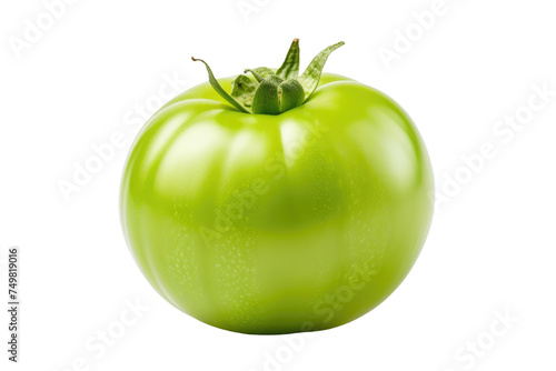 Green Tomato. A single green tomato is displayed prominently on a clean white background. The tomato is unripe, with a vibrant green hue and a smooth skin. on White or PNG Transparent Background. photo