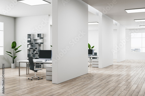 Modern white coworking office hallway interior with furniture, equipment and mock up place on walls. 3D Rendering.