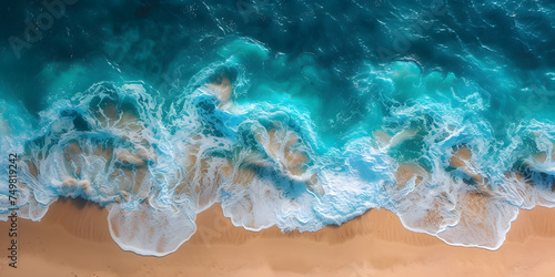 Aerial view of ocean wave cresting with foam on sandy beach. Nature power and ocean beauty concept with copy space, sea background, top view